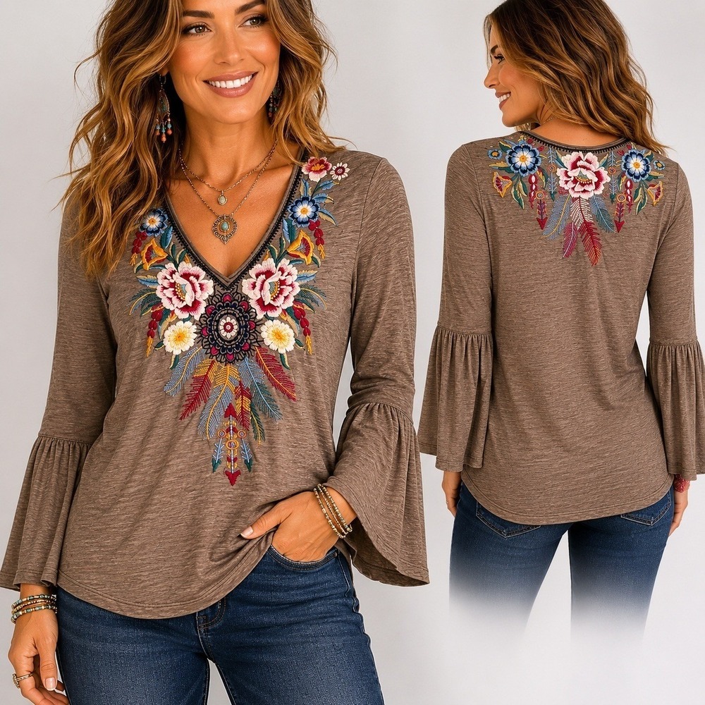 Johnny Was Embroidered Bell Sleeve Top Taupe Floral Boho Blouse Womens M